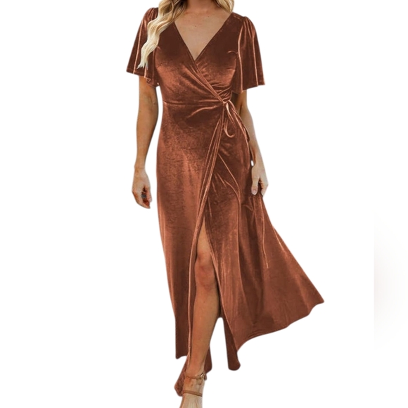 Merokeety Dresses & Skirts - Elegant Brown Velvet Wrap Maxi Dress